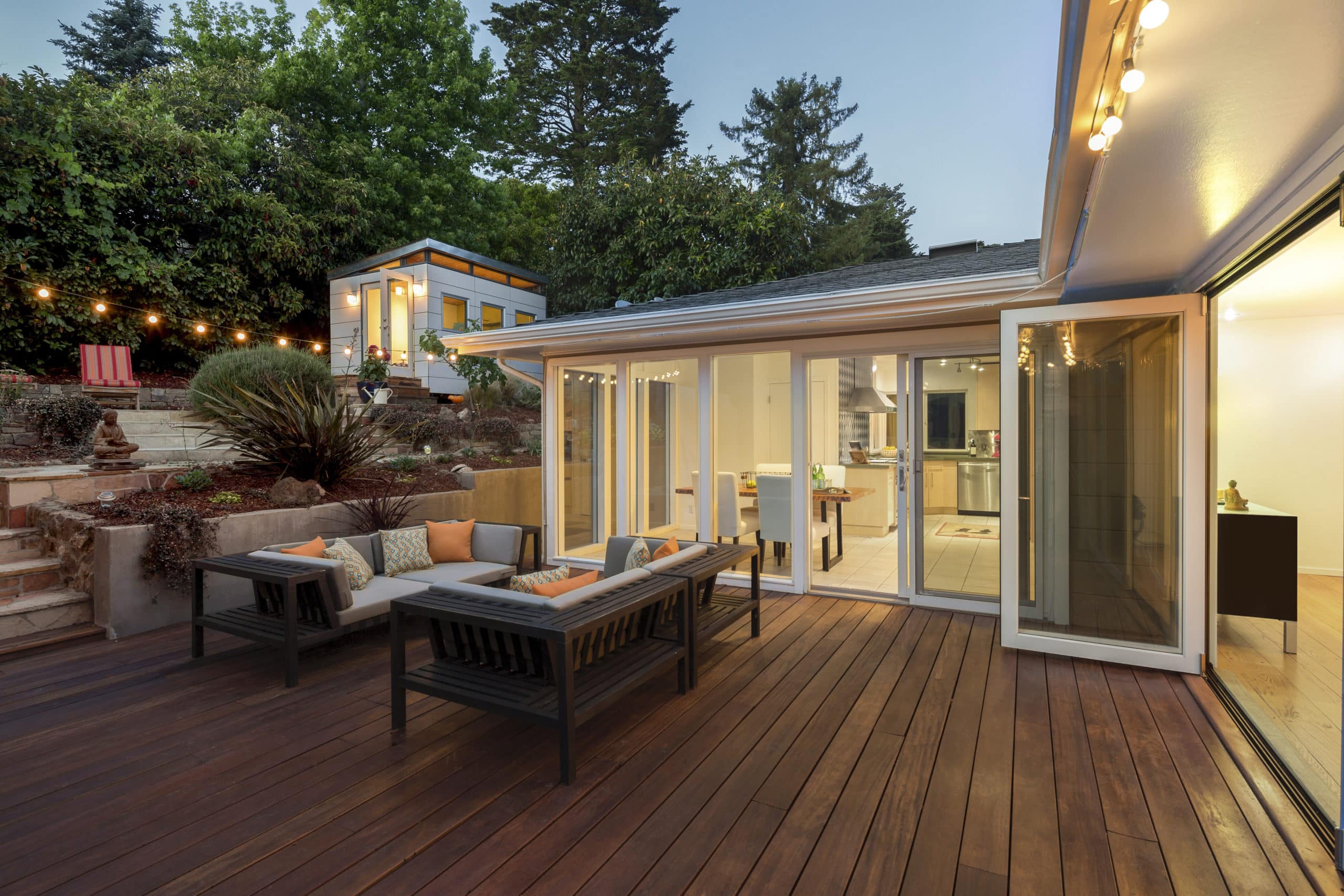Amazing wooden deck at twilight. Beautiful Deck