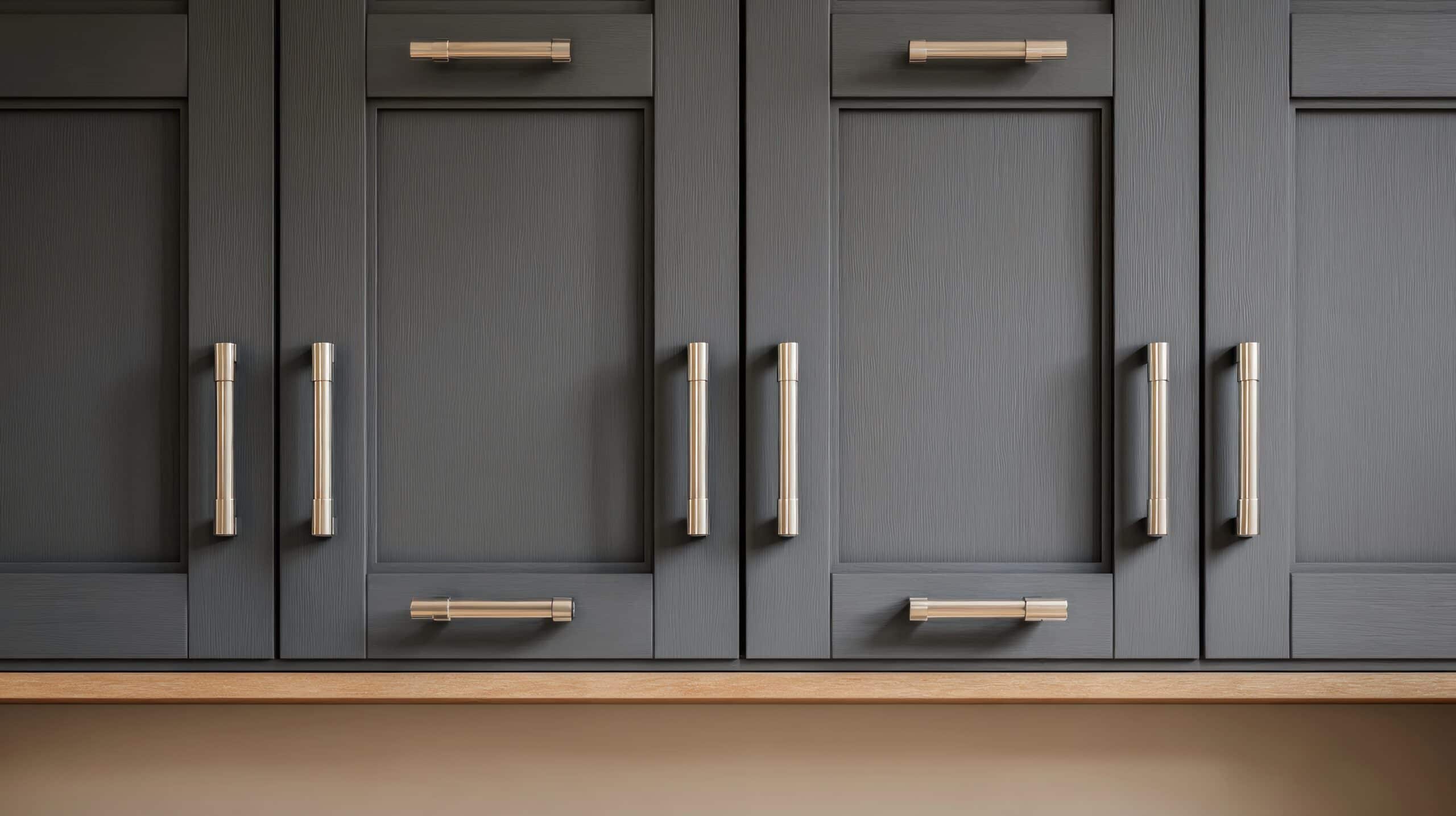 Dark Gray kitchen cabinets with silver handles